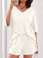 Women's Casual V - Neck Top and Shorts Set - Solid Color Two - Piece Outfit - Plush Fashion Hub