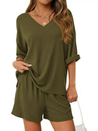 Women's Casual V - Neck Top and Shorts Set - Solid Color Two - Piece Outfit - Plush Fashion Hub