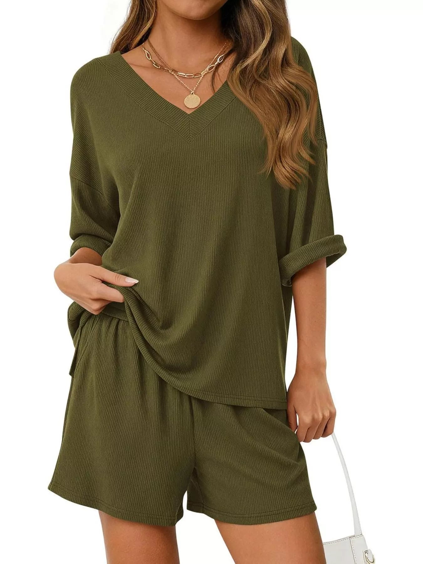 Women's Casual V - Neck Top and Shorts Set - Solid Color Two - Piece Outfit - Plush Fashion Hub