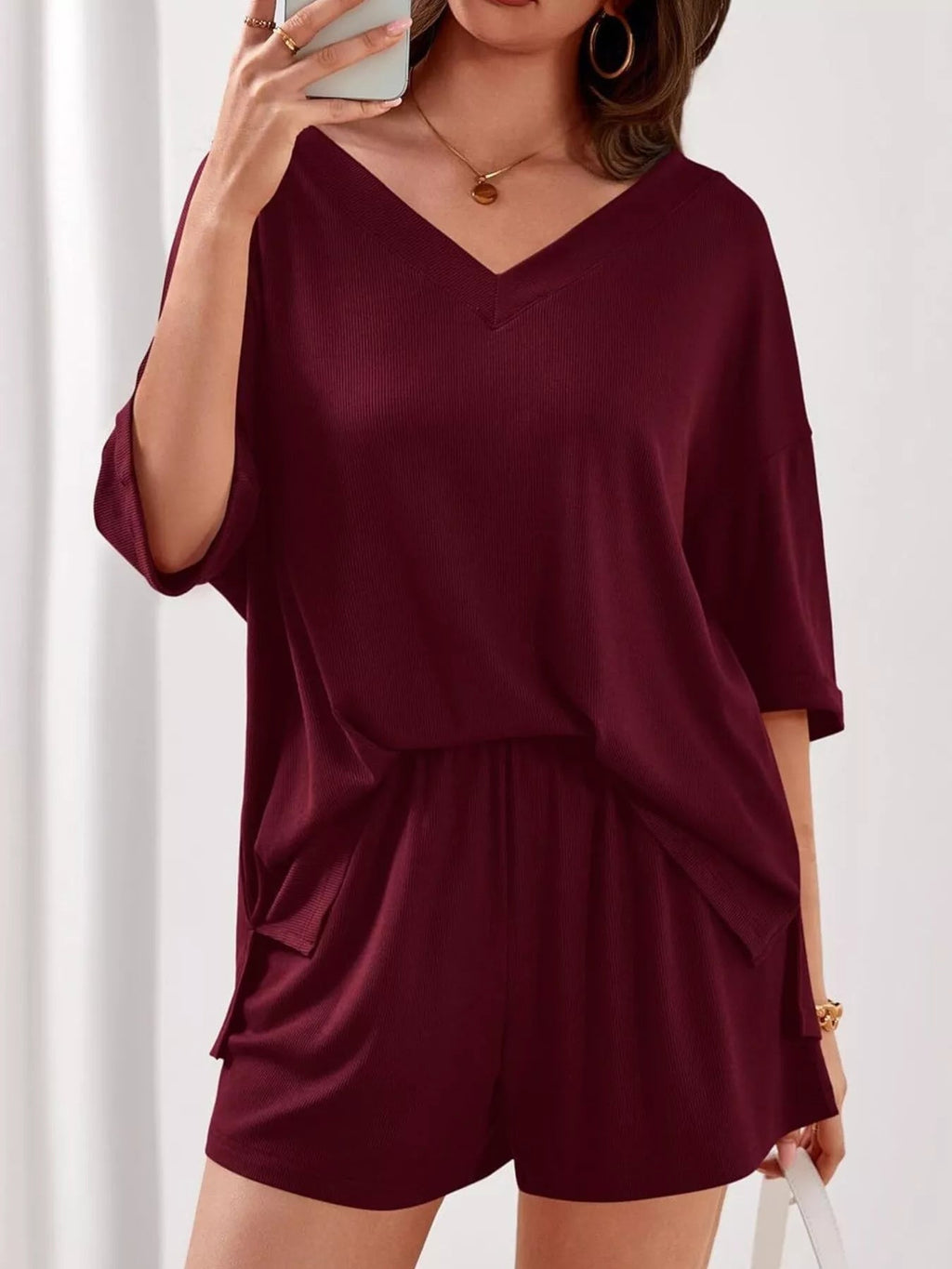 Women's Casual V - Neck Top and Shorts Set - Solid Color Two - Piece Outfit - Plush Fashion Hub