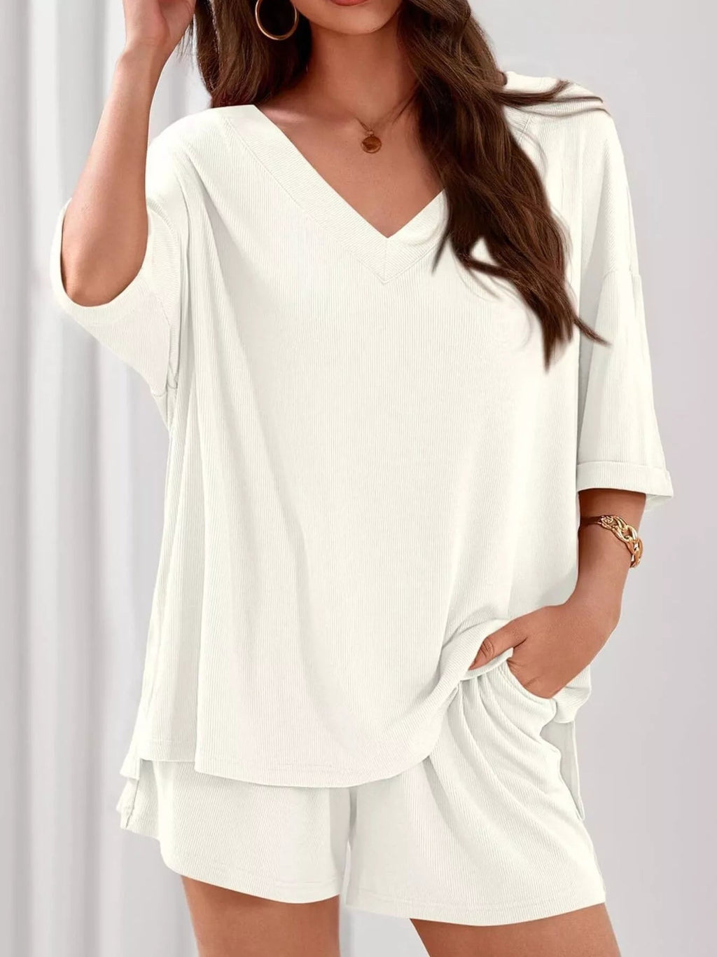 Women's Casual V - Neck Top and Shorts Set - Solid Color Two - Piece Outfit - Plush Fashion Hub