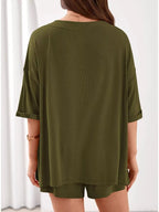 Women's Casual V - Neck Top and Shorts Set - Solid Color Two - Piece Outfit - Plush Fashion Hub
