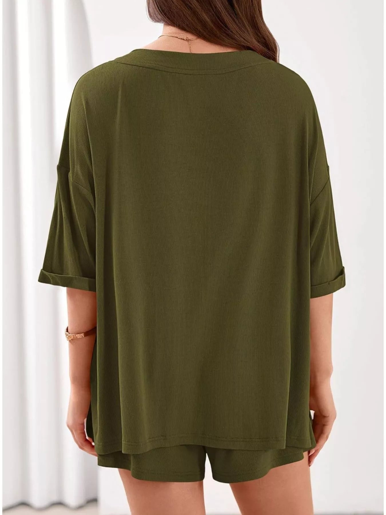 Women's Casual V - Neck Top and Shorts Set - Solid Color Two - Piece Outfit - Plush Fashion Hub