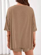 Women's Casual V - Neck Top and Shorts Set - Solid Color Two - Piece Outfit - Plush Fashion Hub