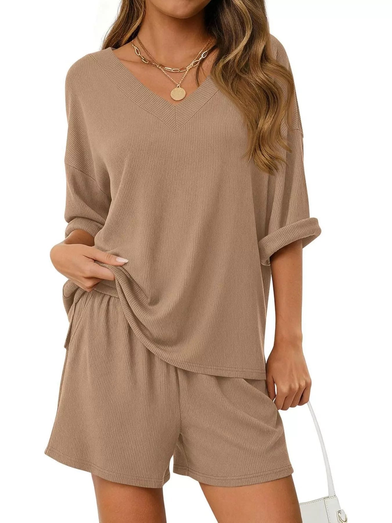 Women's Casual V - Neck Top and Shorts Set - Solid Color Two - Piece Outfit - Plush Fashion Hub