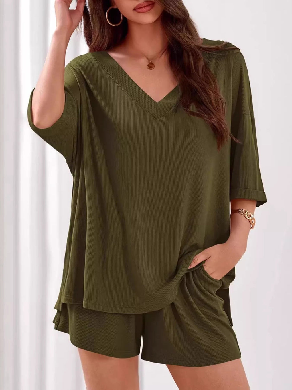 Women's Casual V - Neck Top and Shorts Set - Solid Color Two - Piece Outfit - Plush Fashion Hub