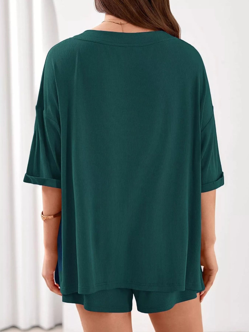 Women's Casual V - Neck Top and Shorts Set - Solid Color Two - Piece Outfit - Plush Fashion Hub