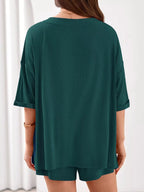 Women's Casual V - Neck Top and Shorts Set - Solid Color Two - Piece Outfit - Plush Fashion Hub