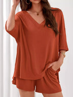Women's Casual V - Neck Top and Shorts Set - Solid Color Two - Piece Outfit - Plush Fashion Hub