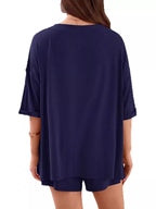 Women's Casual V - Neck Top and Shorts Set - Solid Color Two - Piece Outfit - Plush Fashion Hub