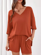 Women's Casual V - Neck Top and Shorts Set - Solid Color Two - Piece Outfit - Plush Fashion Hub