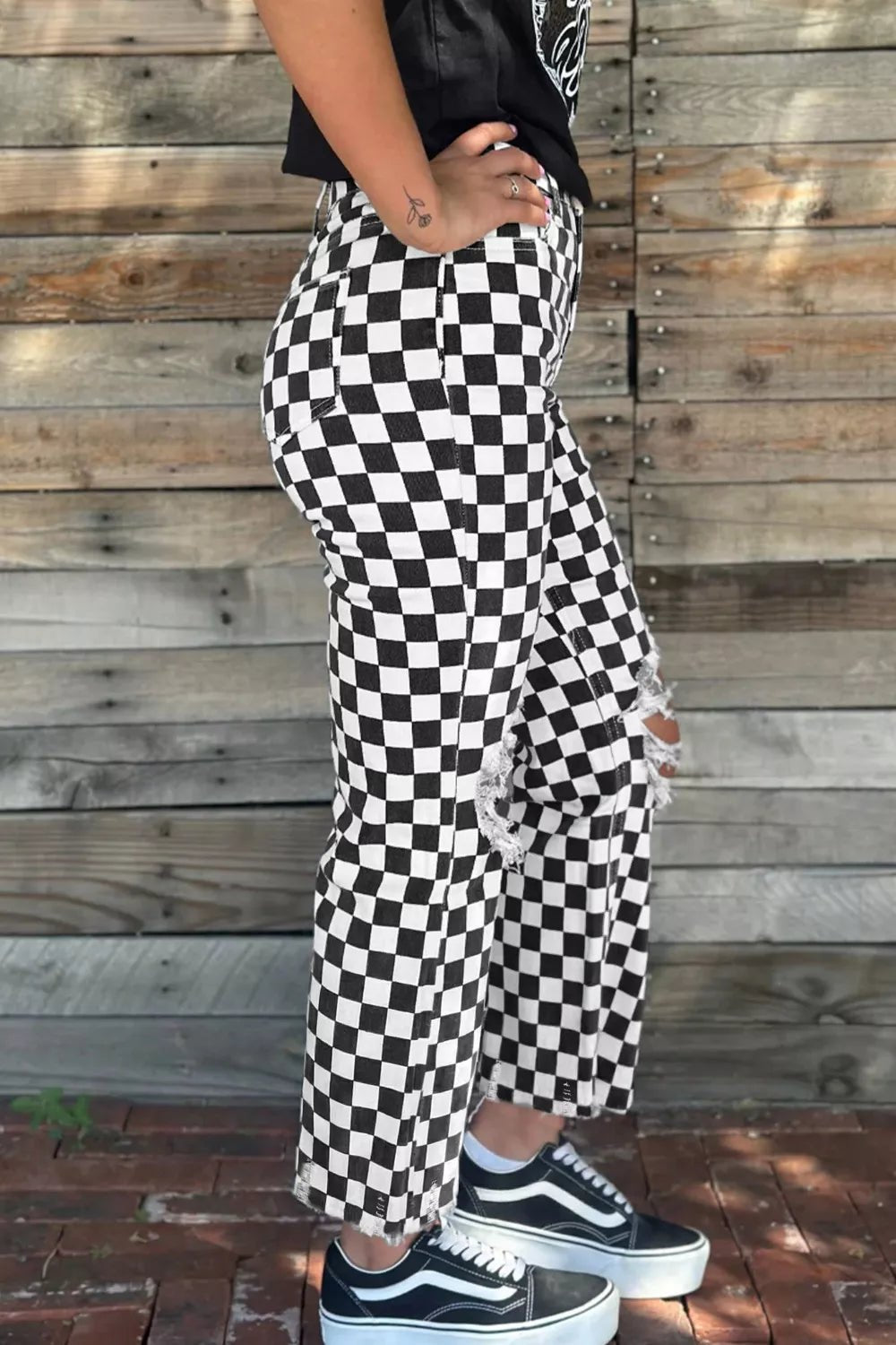 Women's Checkerboard Print Distressed Raw Edge Cropped Jeans - Plush Fashion Hub