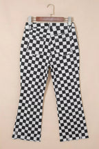 Women's Checkerboard Print Distressed Raw Edge Cropped Jeans - Plush Fashion Hub
