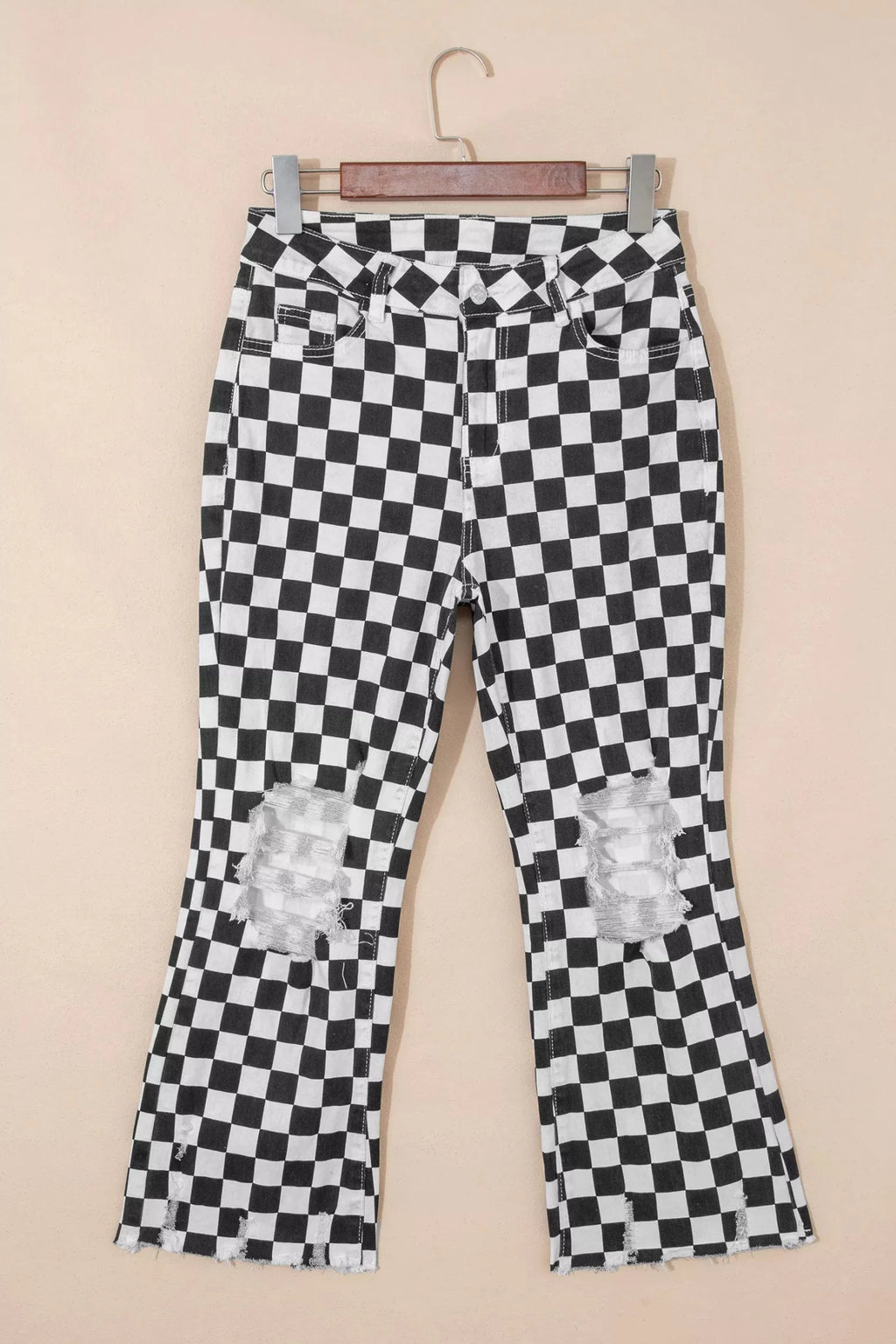 Women's Checkerboard Print Distressed Raw Edge Cropped Jeans - Plush Fashion Hub