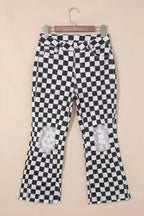 Women's Checkerboard Print Distressed Raw Edge Cropped Jeans - Plush Fashion Hub
