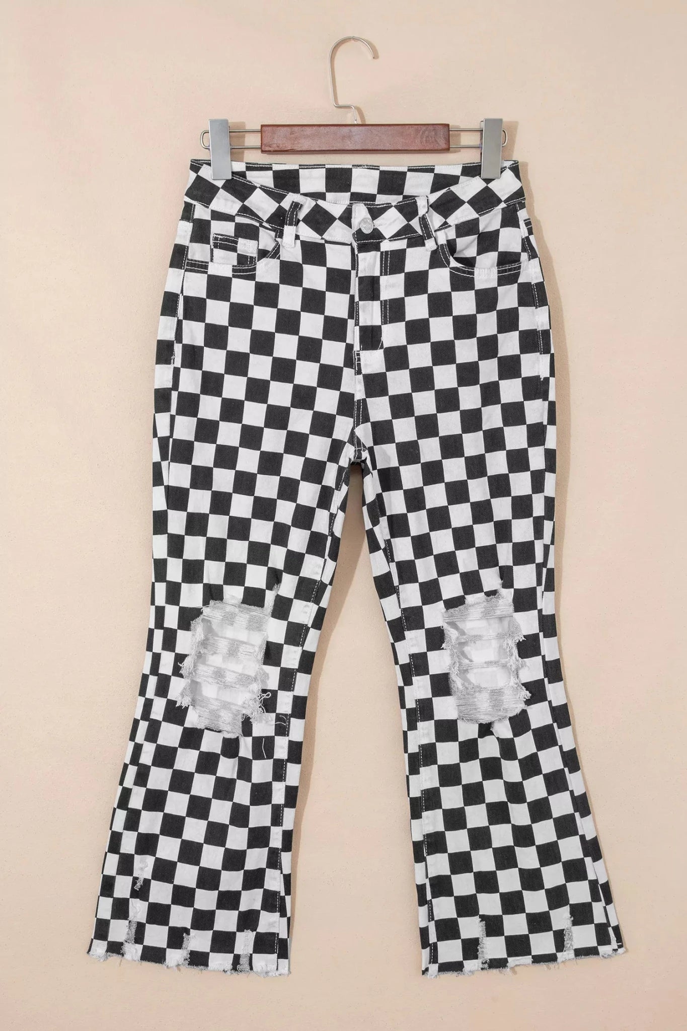Women's Checkerboard Print Distressed Raw Edge Cropped Jeans - Plush Fashion Hub