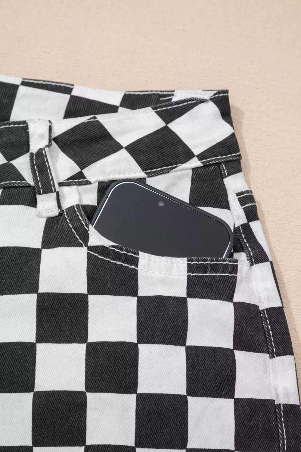 Women's Checkerboard Print Distressed Raw Edge Cropped Jeans - Plush Fashion Hub