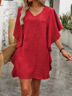 Women's Flowy V - Neck Casual Mini Dress with Ruffled Sleeves - Plush Fashion Hub