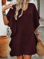 Women's Flowy V - Neck Casual Mini Dress with Ruffled Sleeves - Plush Fashion Hub