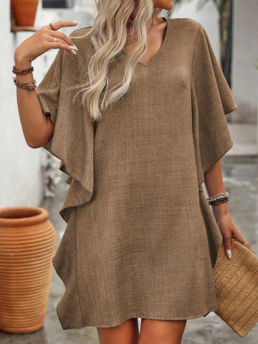 Women's Flowy V - Neck Casual Mini Dress with Ruffled Sleeves - Plush Fashion Hub