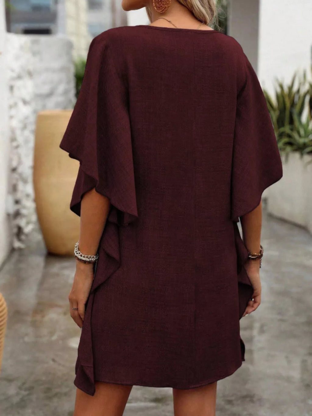 Women's Flowy V - Neck Casual Mini Dress with Ruffled Sleeves - Plush Fashion Hub