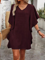 Women's Flowy V - Neck Casual Mini Dress with Ruffled Sleeves - Plush Fashion Hub
