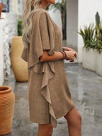 Women's Flowy V - Neck Casual Mini Dress with Ruffled Sleeves - Plush Fashion Hub
