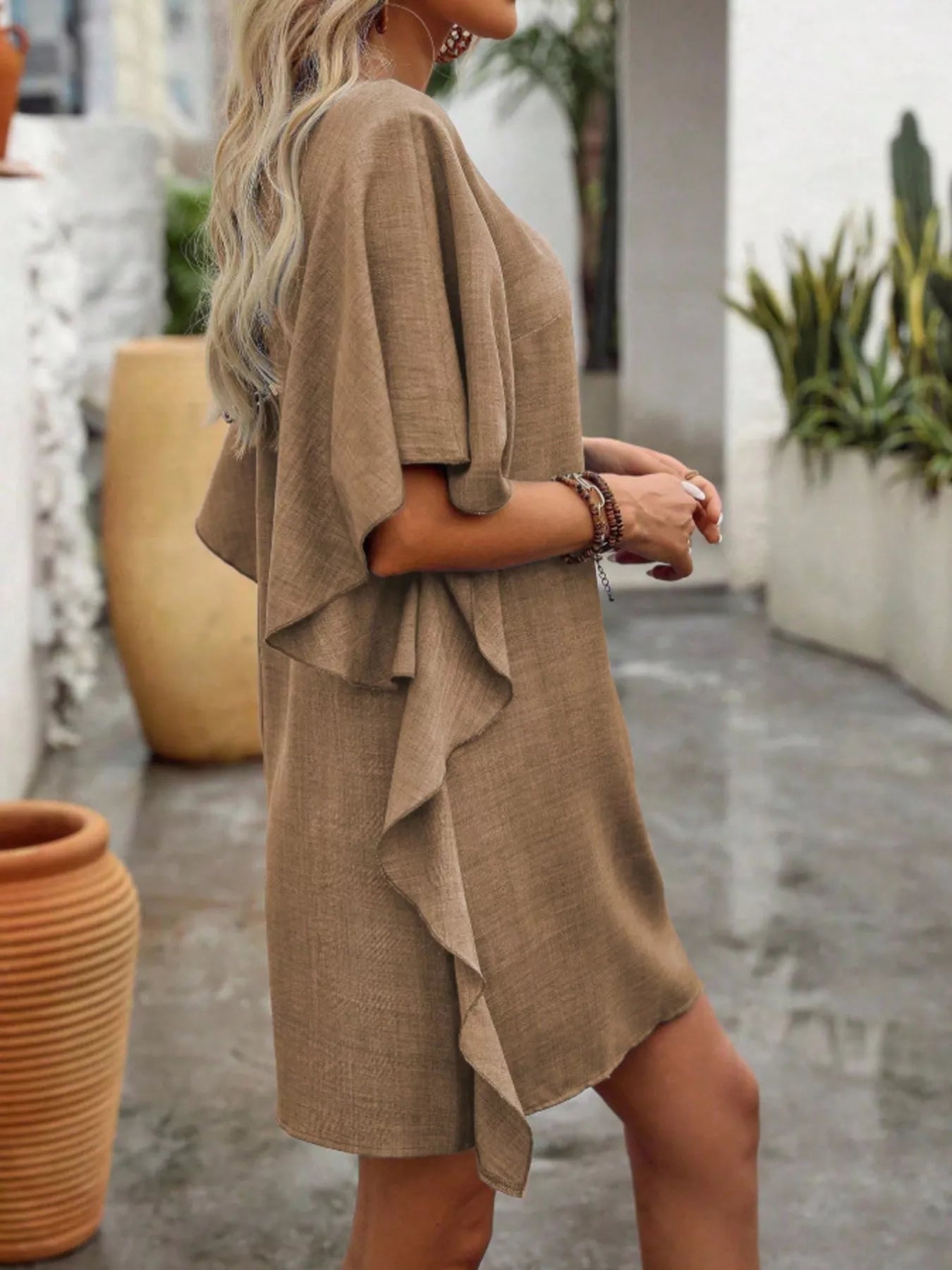 Women's Flowy V - Neck Casual Mini Dress with Ruffled Sleeves - Plush Fashion Hub