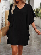 Women's Flowy V - Neck Casual Mini Dress with Ruffled Sleeves - Plush Fashion Hub