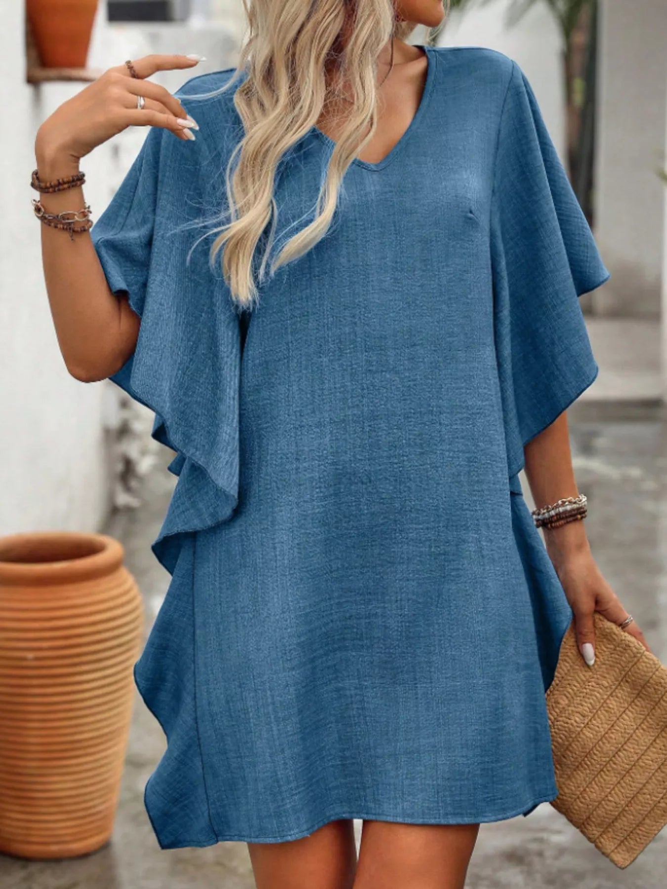 Women's Flowy V - Neck Casual Mini Dress with Ruffled Sleeves - Plush Fashion Hub