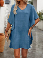 Women's Flowy V - Neck Casual Mini Dress with Ruffled Sleeves - Plush Fashion Hub