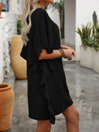 Women's Flowy V - Neck Casual Mini Dress with Ruffled Sleeves - Plush Fashion Hub