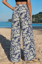 Women's High - Waist Leaf Print Wide Leg Pants - Casual Comfy Cotton Blend - Plush Fashion Hub
