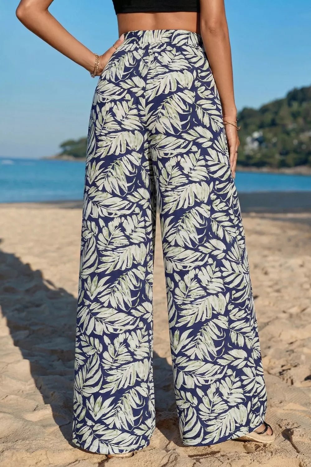 Women's High - Waist Leaf Print Wide Leg Pants - Casual Comfy Cotton Blend - Plush Fashion Hub