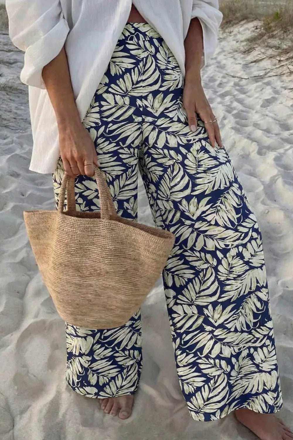 Women's High - Waist Leaf Print Wide Leg Pants - Casual Comfy Cotton Blend - Plush Fashion Hub