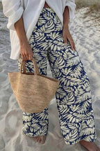 Women's High - Waist Leaf Print Wide Leg Pants - Casual Comfy Cotton Blend - Plush Fashion Hub