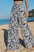 Women's High - Waist Leaf Print Wide Leg Pants - Casual Comfy Cotton Blend - Plush Fashion Hub