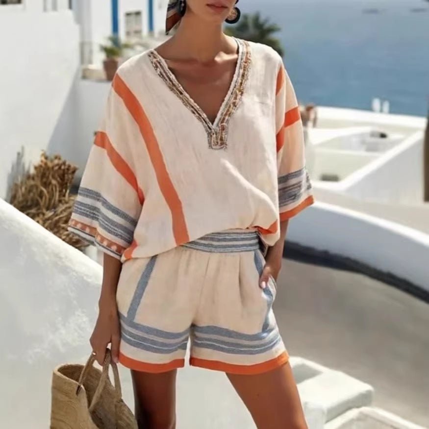 Women’s Linen Striped V Neck Top and Shorts Set - Plush Fashion Hub