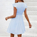 Women's FitiqueFit mini dress with V-neck, flutter sleeves, and striped pattern, perfect for casual summer wear.