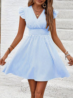 Women's FitiqueFit mini dress with V-neck, flutter sleeves, and striped pattern, perfect for casual summer wear.