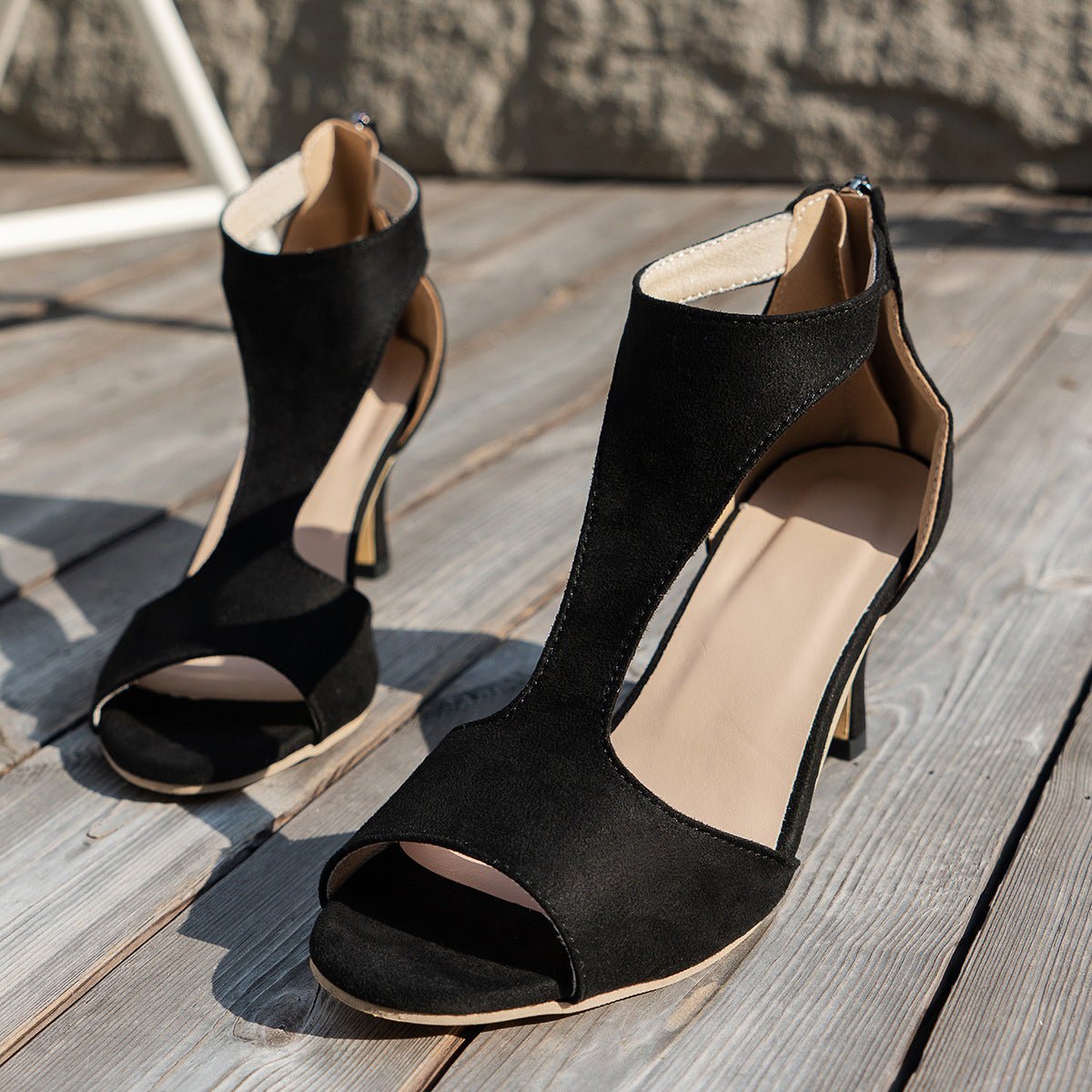 Women’s Peep Toe Zipper Heel Shoes | Suede High Heel Sandals - Plush Fashion Hub
