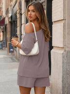 Women's Plus Size Boat Neck T-Shirt and Shorts Lounge Set - Plush Fashion Hub