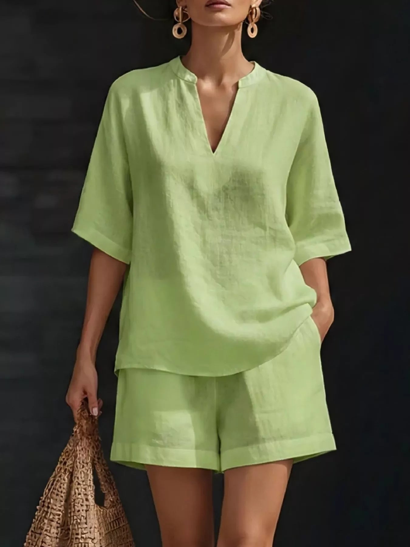 Women's Plus Size Notched Collar Half Sleeve Top and Shorts Lounge Set - Plush Fashion Hub