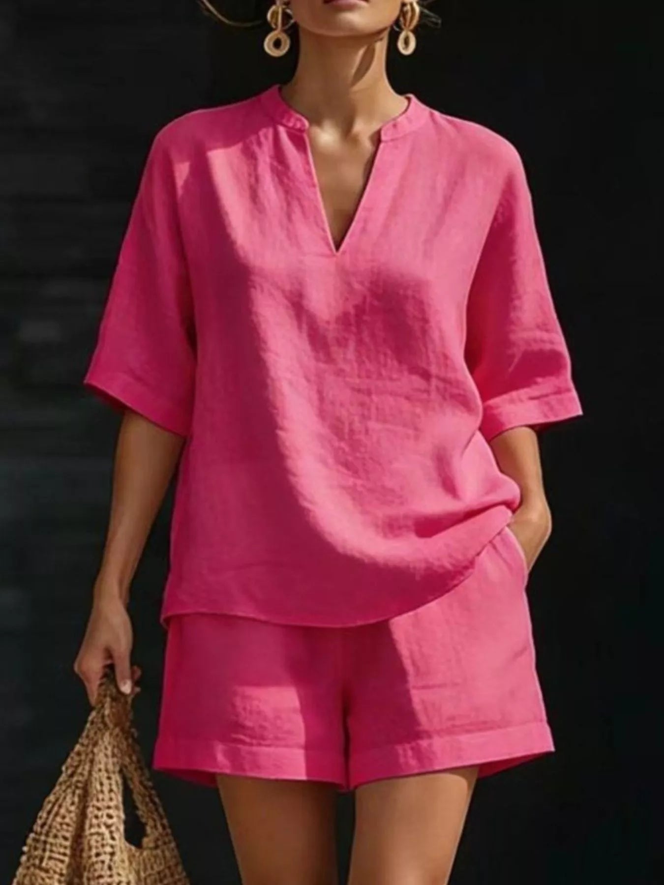 Women's Plus Size Notched Collar Half Sleeve Top and Shorts Lounge Set - Plush Fashion Hub