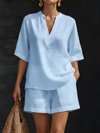 Women's Plus Size Notched Collar Half Sleeve Top and Shorts Lounge Set - Plush Fashion Hub