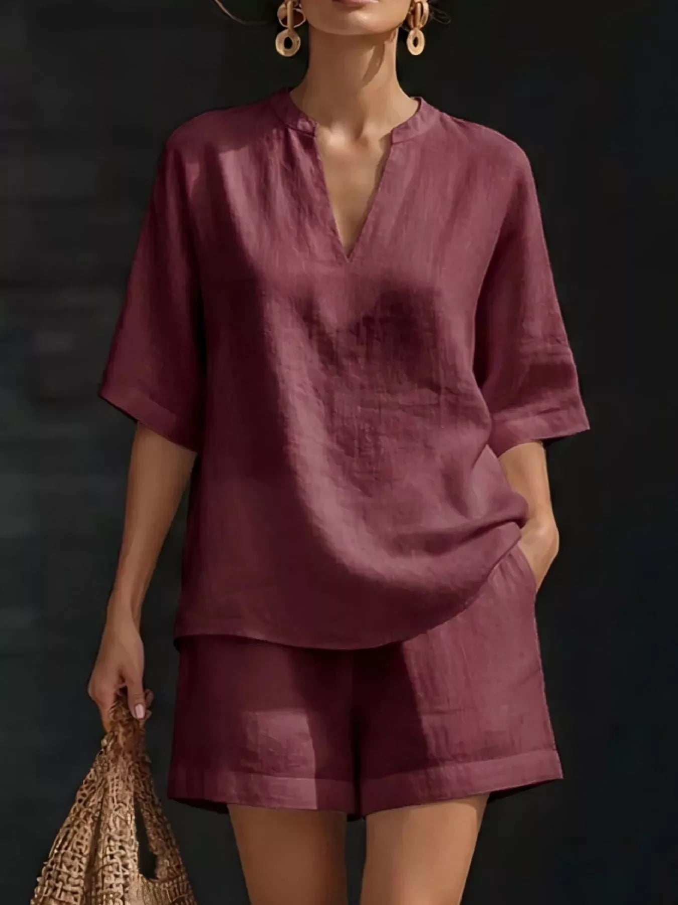 Women's Plus Size Notched Collar Half Sleeve Top and Shorts Lounge Set - Plush Fashion Hub