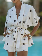 Women's Polka Dot Tie Waist Top and Shorts Set - Casual Two - Piece Outfit - Plush Fashion Hub