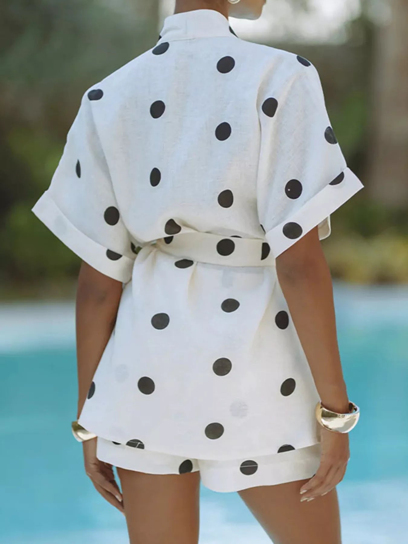 Women's Polka Dot Tie Waist Top and Shorts Set - Casual Two - Piece Outfit - Plush Fashion Hub