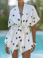 Women's Polka Dot Tie Waist Top and Shorts Set - Casual Two - Piece Outfit - Plush Fashion Hub