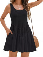 Women's Sleeveless Round Neck Mini Dress with Pockets - Plush Fashion Hub